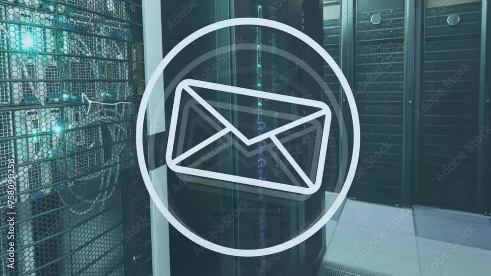 Poster animation of circle with envelope over server room