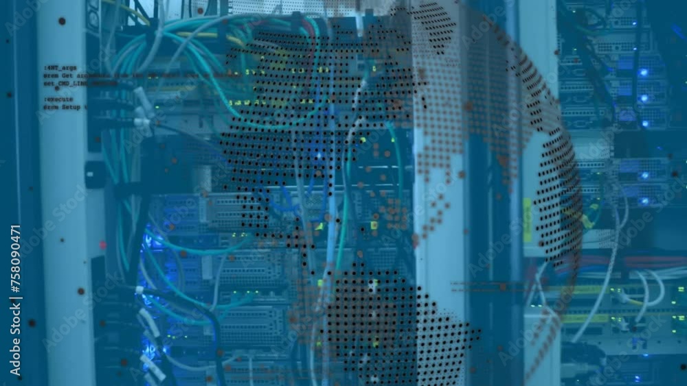 Poster animation of globe and data processing over server room
