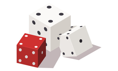 Set of various board games dices. Collection of white huge and medium, red cube. Try your luck to win. Isolated on white background. Isometric vector illustration