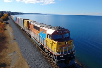 Cargo train carries huge multicolored containers, railway along the sea coast, top aerial view