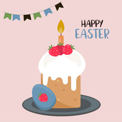 Flat Design Happy Easter Illustration with Easter Cake at Strawberry Taste and Egg