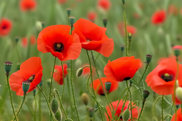Vibrant red poppies and seed heads in a field
