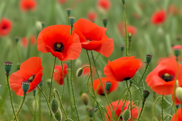 Obraz premium Vibrant red poppies and seed heads in a field