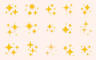 Yellow sparkles star symbols. Hand draw stars and magic lights sparkles set. Magic shine effect, starburst collection