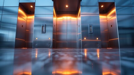 Modern elevator interior with reflective metal walls and warm lighting - 758090665