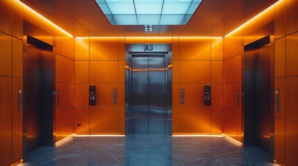 Modern elevator interior with reflective metal walls and warm lighting - 758090677