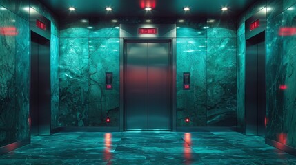 Modern elevator interior with reflective metal walls and warm lighting