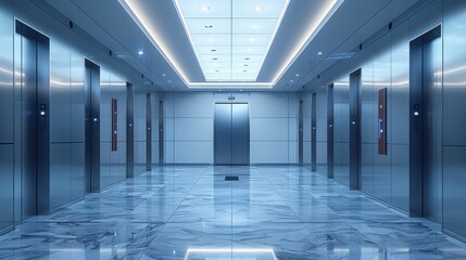Modern elevator interior with reflective metal walls and warm lighting