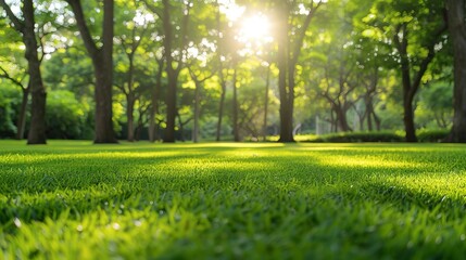 Lush green lawn and trees, perfect backdrop with space for text. Serene nature background, ideal for designs