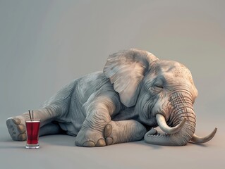 A sleepy-eyed elephant looking blissfully content after a few too many drinks 3D render