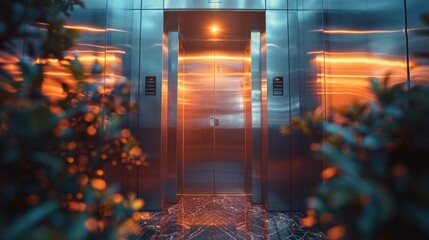 Modern elevator interior with reflective metal walls and warm lighting - 758091097
