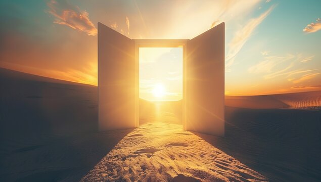 Desert Landscape with Open Doors to Sunlit, New Beginnings