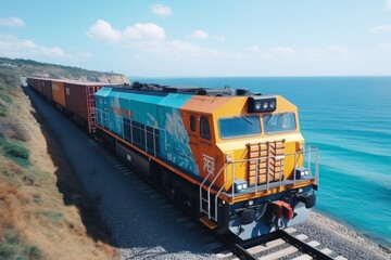 Aerial view of cargo train with multicolored containers travelling along the picturesque sea coast