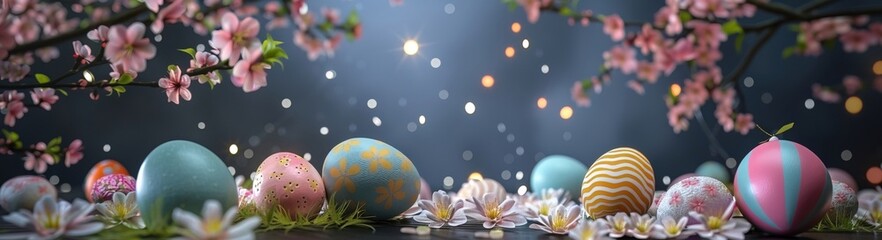 Obraz na płótnie Canvas Delicate spring blossoms and brightly colored Easter eggs creating a festive scene on a dark canvas. 3D