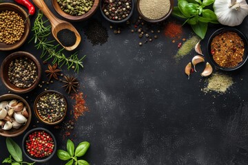 Fototapeta na wymiar KS food background with spices and ingredients on black