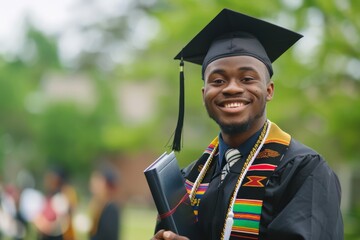 African American graduate in kente cloth stole, beaming with pride on graduation day