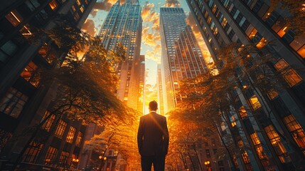 In the heart of the financial district a proud tycoon stands tall amidst the skyscrapers - obrazy, fototapety, plakaty