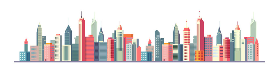 Fototapeta premium A city skyline with many tall buildings and a white background. The buildings are of different colors and heights, creating a sense of depth and perspective. . Vector illustration