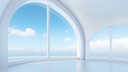 a room with arched windows and a view of the ocean