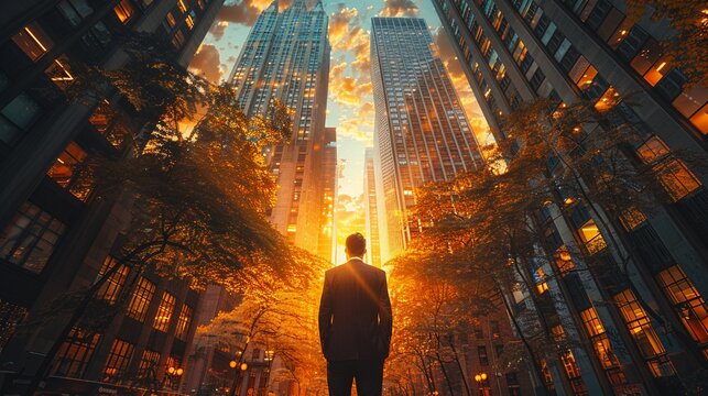In the heart of the financial district a proud tycoon stands tall amidst the skyscrapers