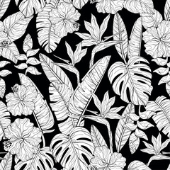 Black and white bird of paradise and blooming hibiscus pattern