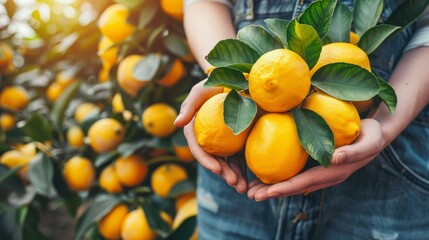 Hand holding fresh lemon with blurred background, ideal lemon picking with space for text