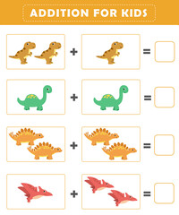 Preschool addition worksheet with cute dino illustration. Math Activities for Kids. Math activities for toddlers to practice early math concepts. © G.rena
