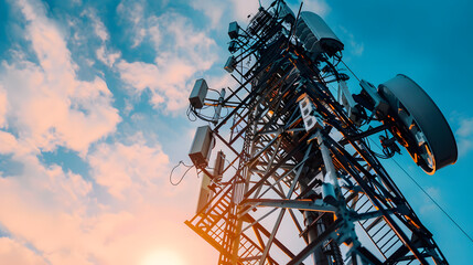 5G global network technology communication antenna tower for wireless high speed internet. Transmission mast for mobile internet. - obrazy, fototapety, plakaty