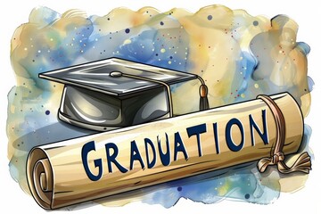 Artistic cap and diploma with vibrant watercolor background, graduation concept