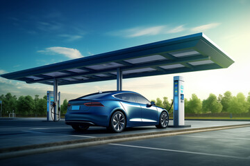 Electric car is charged from a charging station that takes energy from solar panels. - obrazy, fototapety, plakaty