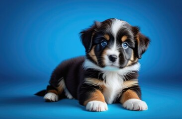puppy with blue eyes on blue background,funny purebred dog,bern mountain dog,