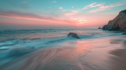 A landscape photo of the beach in the evening with sunset, with long-term exposure photography - obrazy, fototapety, plakaty