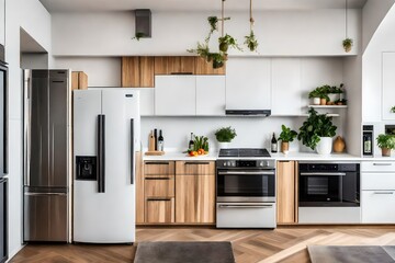 modern kitchen interior with wooden cabin and plants