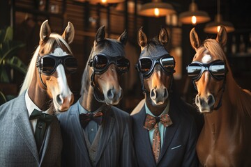 A group of distinguished horses in business attire, glasses perched on their noses, engage in a strategic meeting, discussing charts and graphs with a professional flair.