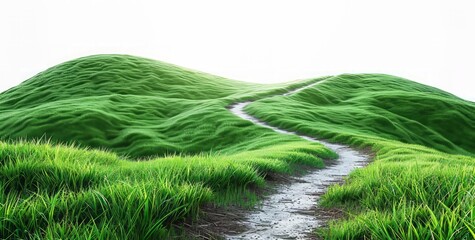 White background, grassy hills with winding dirt paths, green grass, white path, high resolution, landscape photography, wide angle lens, green grass on the hillside, curved road, path, clear sky, pur