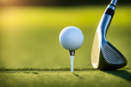 Capture the dynamic impact of a golf swing with a close-up shot of an iron club striking a ball on a tee, showcasing power and precision.