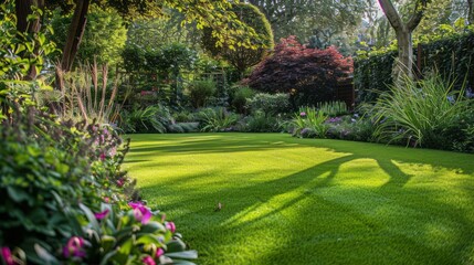 Obraz premium Lush green lawned garden with vibrant flowers and shrubs under the warm sunlight in a suburban oasis