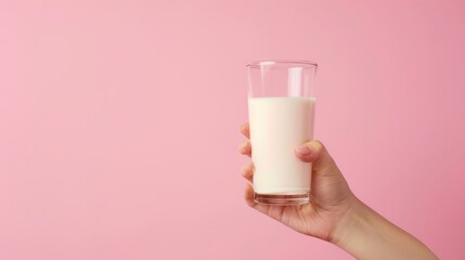 Side view of hand holding milk glass on light pastel background with ample space for text placement - obrazy, fototapety, plakaty