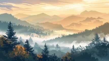 Obraz premium Misty morning in the forest: serene landscape with fog, mountains, and sunlight. Panoramic illustration of nature's beauty