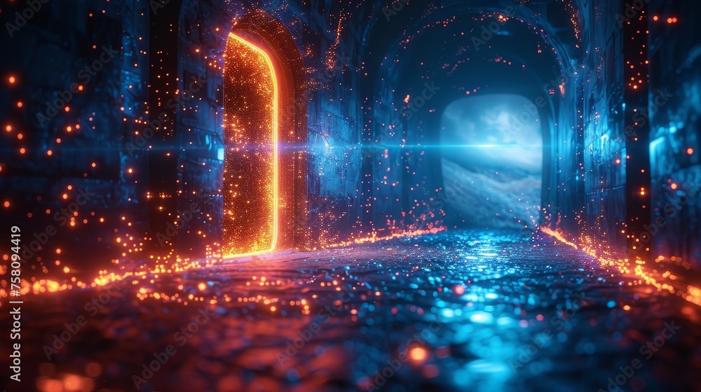 Aufkleber an abstract digital open door in the future. a low poly futuristic door in tech blue. an opportunity