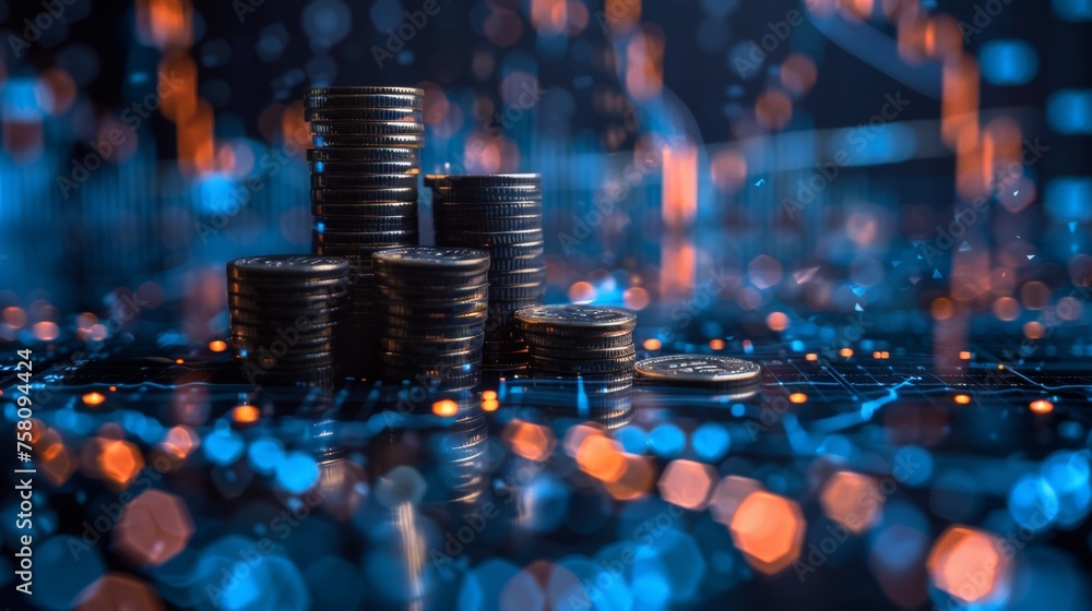 Aufkleber investing and stock market concept. digital coin dollar stack with growth arrows on computer screen.