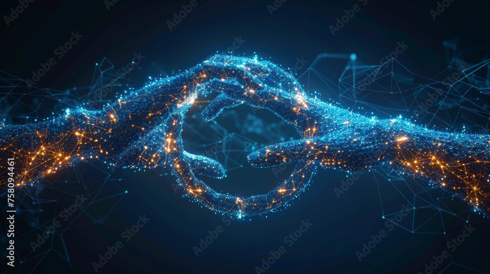 Aufkleber Money exchange abstract. Two hands holding digital coins with circular arrows. Cashback or cash return metaphors. Low poly modern illustration with 3D effect on blue.