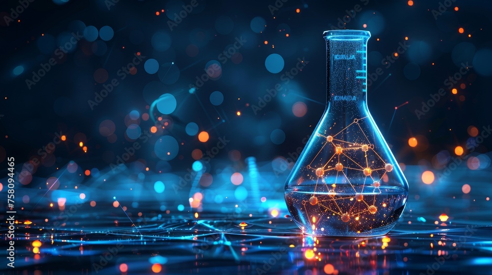 Poster innovating science concept. abstract test tube and atom design in low poly futuristic style. glowing