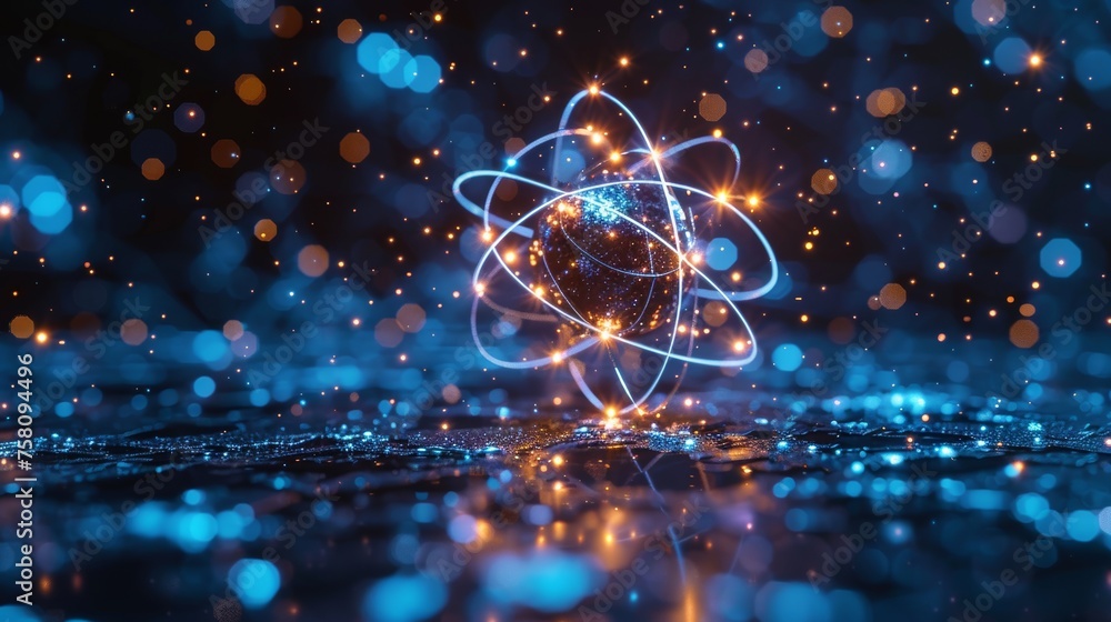 Leinwandbilder digital modern illustration of an abstract atom galaxy symbol. nuclear science concept on a blue tec