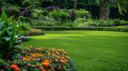Lush green lawned garden with vibrant flowers and shrubs under the warm sunlight in a suburban oasis