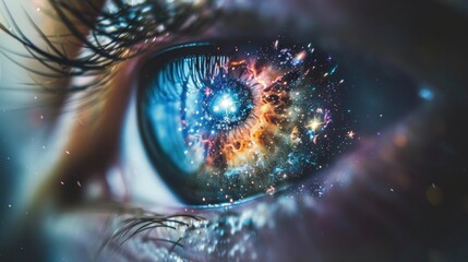 human eye very close view with reflection of the universe, stars, galaxies, planets, sun, neutrons - obrazy, fototapety, plakaty