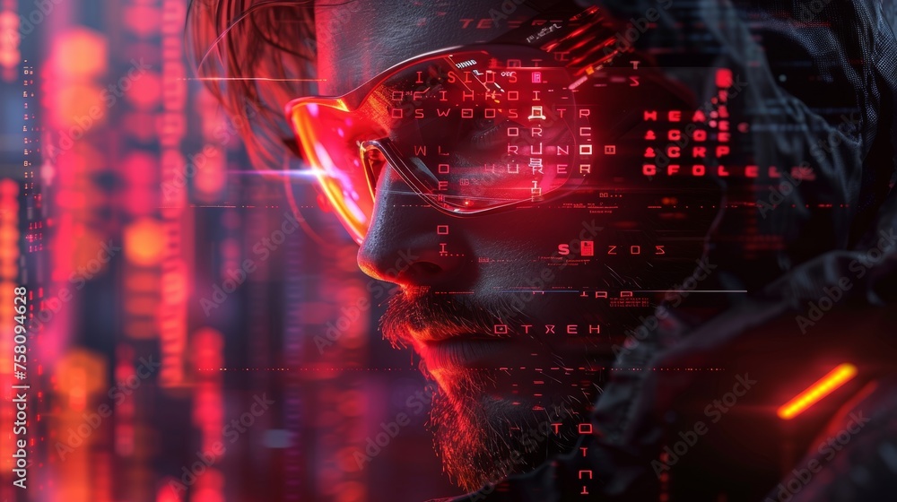 Poster An abstract hacker with a monitor hologram behind him. Cyber criminal icons on a background. Cyber attack, computer hack, cybersecurity concept. Modern illustration.