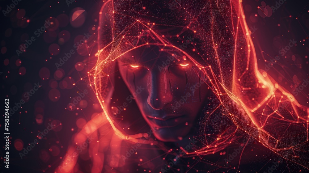 Poster in this illustration, a man wearing a hoodie and hiding his face in front of a computer represents t