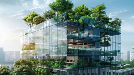 ecological innovative building concept with green plants and trees at day