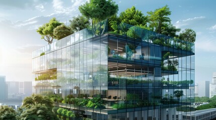Fototapeta premium ecological innovative building concept with green plants and trees at day